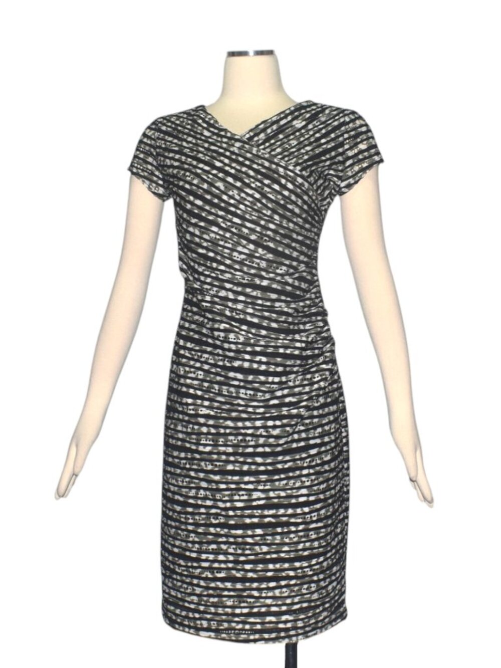 Joseph Ribkoff Black Multi Striped Eyelets Surplice Sheath Dress US 8